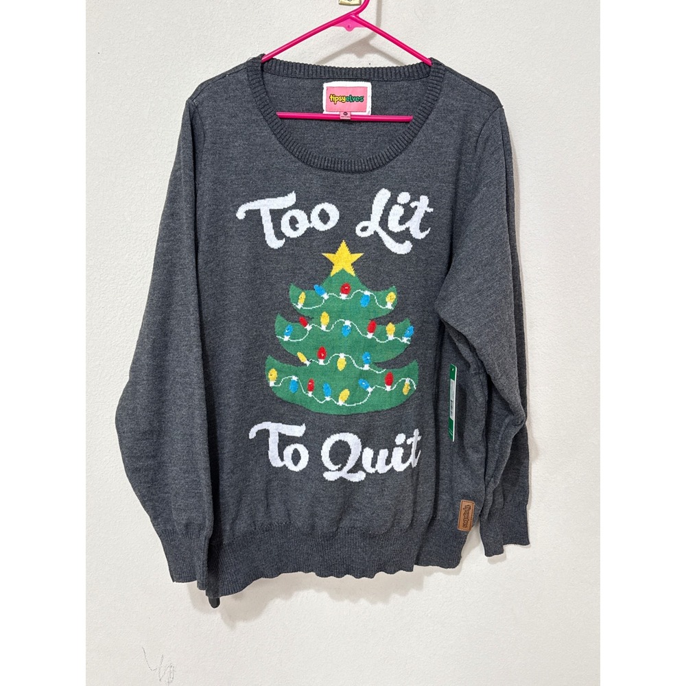 Tipsy Elves Light Up Sweater Womens XXL Gray Too Lit To Quit Christmas Tree LED